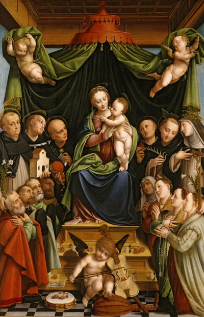 Madonna och barn tronade med heliga och donatorer av Bernardino Lanino