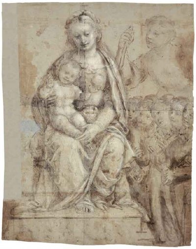 Madonna med barn, ett krigarhelgon (Mikael) och en grupp tillbedjare av Bernardino Lanino