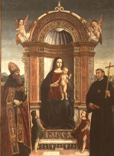 Madonna och barn med St. Nicholas av Tolentino och St. Augustine av Bernardino Loschi