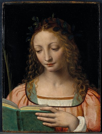 Bystlängd helgonfigur, med en handflata och läsning av skrifterna av Bernardino Luini
