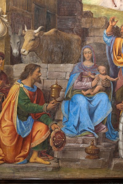 Detalj av tillbedjan av de tre vise männen, presbyteriet eller huvudkapellet (fresk) av Bernardino Luini