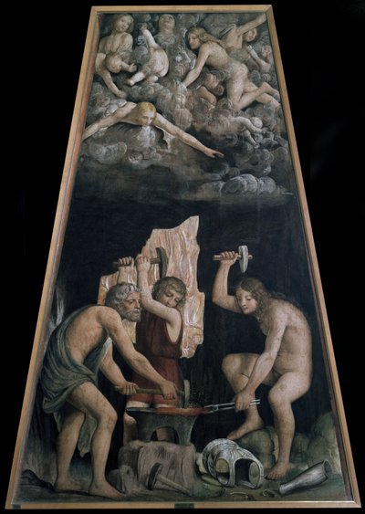 Gudomliga vapen smidda i vulkanens smedja framför några änglar som ligger i molnen, Detalj (Fresco av Bernardino Luini
