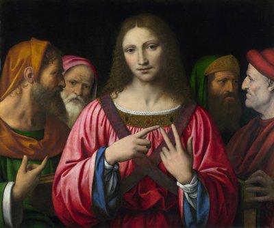 ""Kristus och lagens läkare"" Målning av Bernardino Luini (1481-1532), ca 1515-1530 Dim 72,4x85,7 cm London, National Gallery - Luini, Bernardino (ca 1480-1532) Kristus bland läkarna Olja på trä c. 1520 National Gallery, London 72,4x85,7 av Bernardino Luini