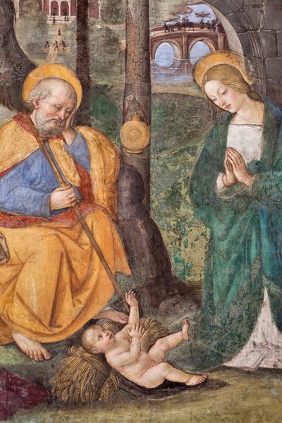 Tillbedjan av herdarna (Tillbedjan av herdarna) Detaljfresk av Pinturicchio (Bernardino di Betto) (1454-1513) 1484-1492 (kyrkan Santa Maria del Popolo), basilikan Santa Maria del Popolo, Cappella Basso della Rovere Rom Italien av Bernardino di Betto Pinturicchio