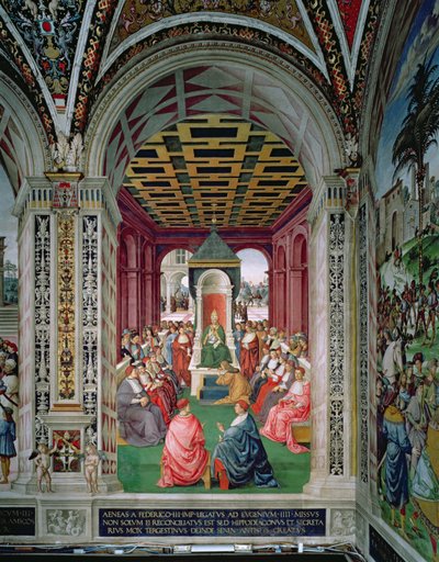 Aeneas Sylvius Piccolomini (1405-1464) underkastar sig påven Eugene IV (1383-1447) 7 februari av Bernardino di Betto Pinturicchio