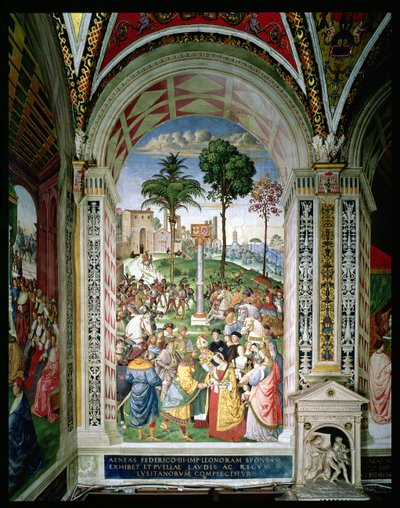 Aeneas Sylvius Piccolomini (1405-64) presenterar Eleonora av Aragon för Fredrik III (1415-93) den 24 februari 1452 (fresk) av Bernardino di Betto Pinturicchio