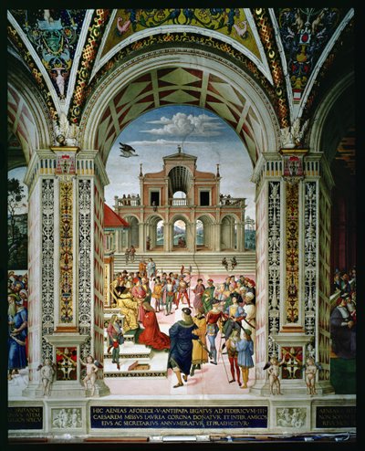 Aeneas Sylvius Piccolomini (1405-64) är krönt poetpristagare av Fredrik III (1415-93) 1442 av Bernardino di Betto Pinturicchio