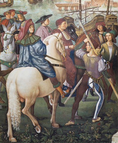 Enea Silvio Piccolomini akiondoka kwenda Basel akiwa katibu wa Askofu wa Ferrara, maelezo kutoka kwa Hadithi za Pius IIswed. av Bernardino di Betto Pinturicchio