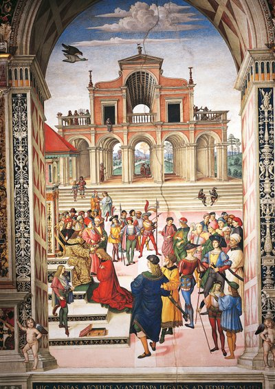 Italien, Siena, katedralen, Piccolomini bibliotek, Enea Silvio Piccolomini görs till poetpristagare av kejsar Fredrik III, detalj från berättelser om Pius II av Bernardino di Betto Pinturicchio