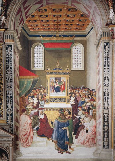 Italien, Siena, katedralen, Piccolomini-biblioteket, Enea Silvio Piccolomini tar emot kardinalhatt från Calixtus III, detalj från Stories of Pius II av Bernardino di Betto Pinturicchio