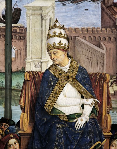 Italien, Siena, katedralen, Piccolomini-biblioteket, Pius II anländer till Ancona för att påskynda korståget, detalj från berättelser om Pius II av Bernardino di Betto Pinturicchio