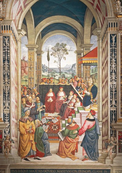 Italien, Siena, katedralen, Piccolomini-biblioteket, Pius II samlades i Mantova för diet organiserad för att planera korståg mot turkar, detalj i Stories of Pius II av Bernardino di Betto Pinturicchio