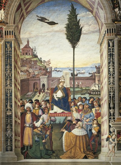 Italien, Siena, katedralen, Piccolomini-biblioteket, berättelser om Pius II: Pius II anländer till Ancona för att påskynda korståget av Bernardino di Betto Pinturicchio