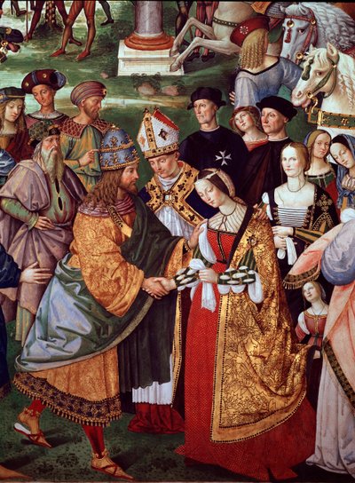 Poeten Enee Silvio Piccolomini presenterar Eleonore av Portugal till kejsar Fredrik III av det heliga riket vid Camollia-porten. Detalj av påven Pius II:s liv (fresko av Bernardino di Betto Pinturicchio