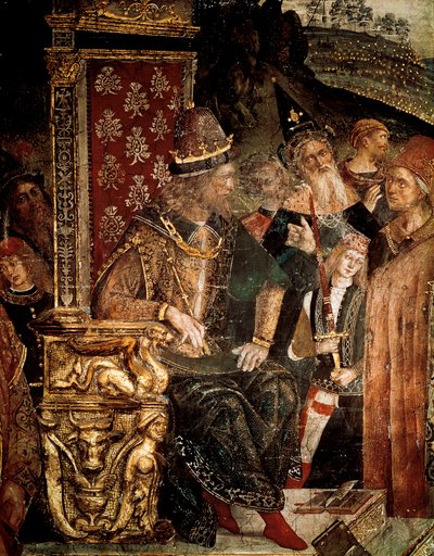Saint Catherine of Alexandrias dispyt med filosofer inför romerske kejsaren Maximian Hercules, detalj av Cesare Borgia av Bernardino di Betto Pinturicchio