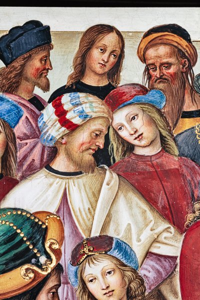 Piccolomini-biblioteket, nordöstra väggen: "Aeneas Sylvius håller en tal inför kung James I av Skottland, vintern 1435" av Bernardino di Betto Pinturicchio