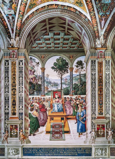 Piccolomini-biblioteket, nordöstra väggen: "Aeneas Sylvius håller en tal inför kung James I av Skottland, vintern 1435" av Bernardino di Betto Pinturicchio