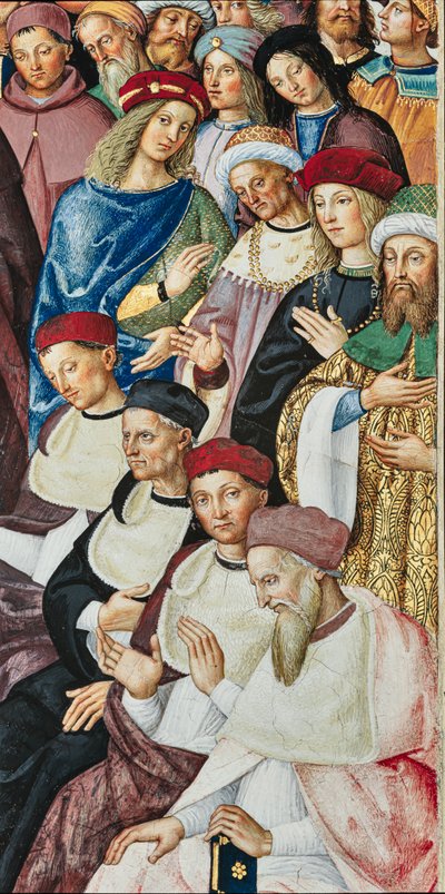 Piccolominibiblioteket, sydöstra väggen: "Aeneas Sylvius tar emot kardinalens hatt från påven Calixtus III, den 17 december av Bernardino di Betto Pinturicchio