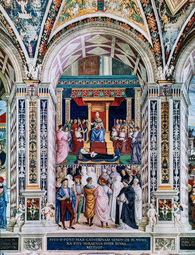 Piccolominibiblioteket, sydvästra väggen: “ Pius II helgonförklarar St. Katarina av Siena, 29 juni av Bernardino di Betto Pinturicchio