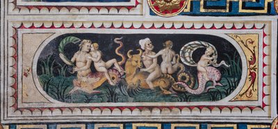 Piccolominibiblioteket, taket: mindre panel med scen av maritima thiasus (tritons, putto och en nereid), fresk av Bernardino di Betto, känd som Pinturicchio. av Bernardino di Betto Pinturicchio