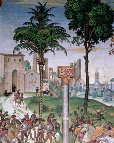 Vy över Siena med katedralen och Porta Camollia, detalj från 