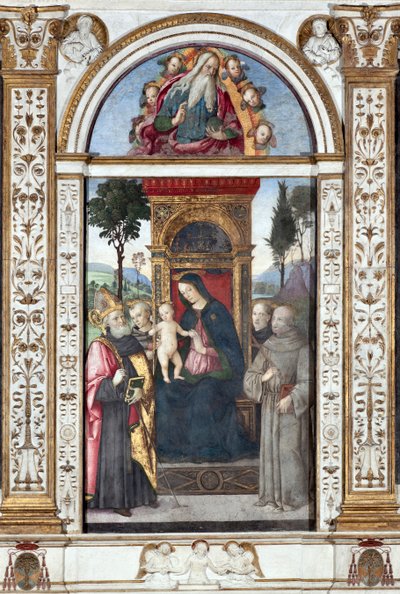Jungfru med barn och den helige Augustinus, den helige Franciskus och den helige Antonius av Padua - Fresk av Pinturicchio (Bernardino di Betto) (1454-1513) 1484-1492 Rom, Basilica di Santa Maria del Popolo (Kyrkan Santa Maria del Popolo), Chapel Basso del av Bernardino di Betto Pinturicchio