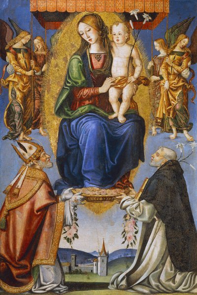 Madonna och barn med St Severino och Dominic (tempera på duk) av Bernardino di Mariotto