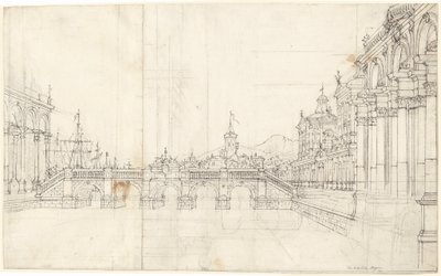 En Capriccio av palats och en loggia som vetter mot en klassisk bro av Bernardo Bellotto