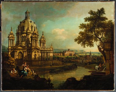 En capriccio med en kupolformad kyrka och byggnader i Pirna, ca 1765 av Bernardo Bellotto