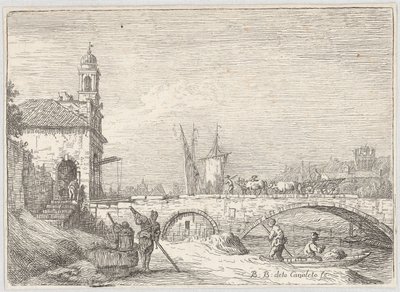 Capriccio med en bro och en portbyggnad i stil med Porta Portello i Padua av Bernardo Bellotto