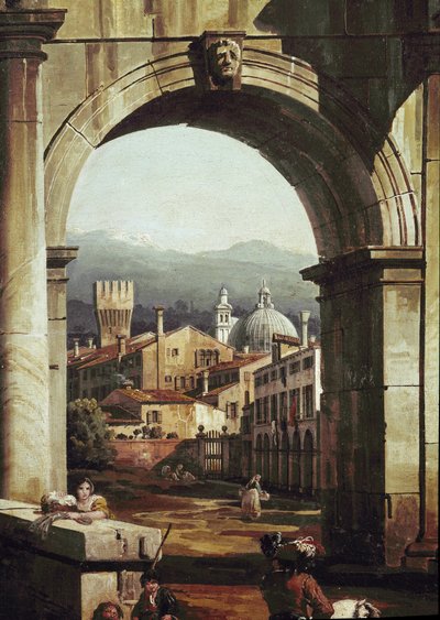 Roman Caprice med dörr och väggar, detalj (olja på duk av Bernardo Bellotto