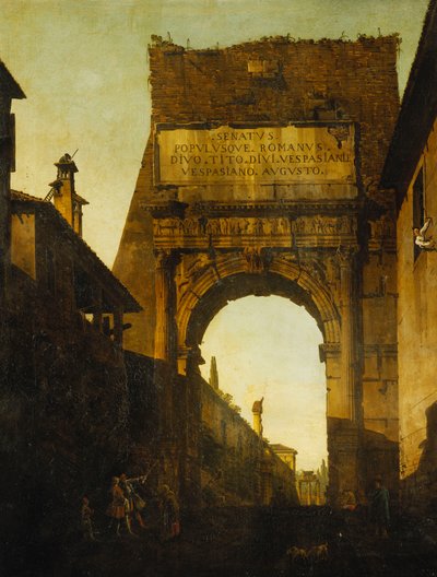 Titusbågen, Rom, med muren och porten till Farnese-trädgårdarna och templet Castor och Pollux bortom, två turister i förgrunden, av Bernardo Bellotto