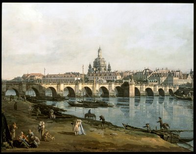Utsikt över Dresden från höger sida av floden Elbe, nedanför Augustusbruecke ... (målning på duk) av Bernardo Bellotto