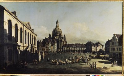 ""Utsikt över det nya marknadstorget i Dresden"" (Neumarkt i Dresden) Vi kan se Vårfrukyrkan (Notre-Dame) (Frauenkirche) Målning av Bernardo Bellotto (1720-1780) 1747 Dim. 134x236 cm Museum of the 