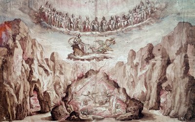Projekt för inredning och maskineri av en mellanprodukt, Le Tromphe de Circe. Teckning av Bernardo Buontalenti dit delle Girandole (ca 1523-1608) sön 0,46x0,72 m. Paris, Louvren av Bernardo Buontalenti