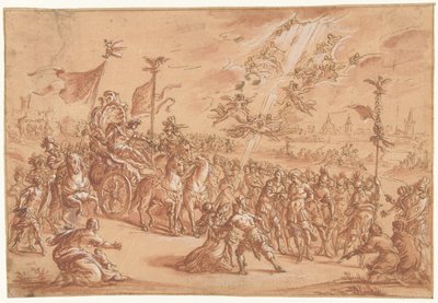 En helig biskop knäböjer vid sidan av processionen av en romersk imperator av Bernardo Castello (attributed to)