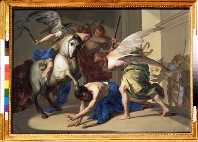 ""Utvisningen av Heliodorus från templet"" (Utvisningen av Heliodorus från templet) Heliodorus (Heliodoros) utvisas från templet för att ha försökt, på order av sin suverän, att beslagta skatterna i Jerusalems tempel. Målning av Bernardo Cavallino av Bernardo Cavallino