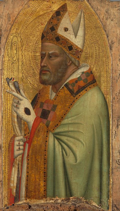 Heiliger Bischof mit einem Stieglitz av Bernardo Daddi