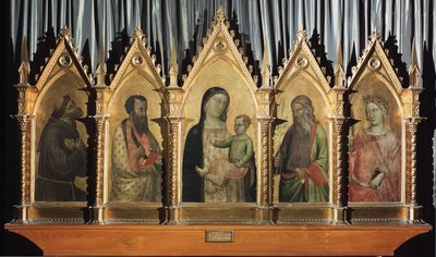 Jungfru och barn med helgonen Franciskus, Bartolomeus, Johannes och Katarina av Alexandria - tempera på panel av Bernardo Daddi