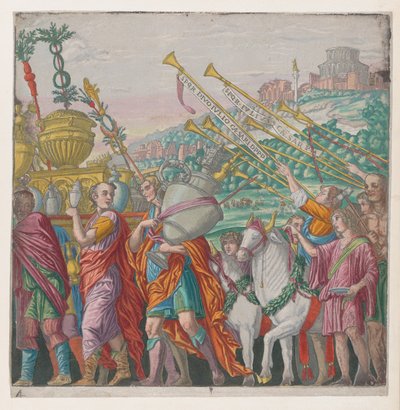 Blad 4: Män som bär troféer till vänster, trumpetare till höger, från The Triumph of Julius Ca..., 1599. av Bernardo Malpizzi
