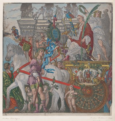 Blad 9: Julius Caesar i sin hästdragna vagn, från The Triumph of Julius Caesar, 1599. av Bernardo Malpizzi
