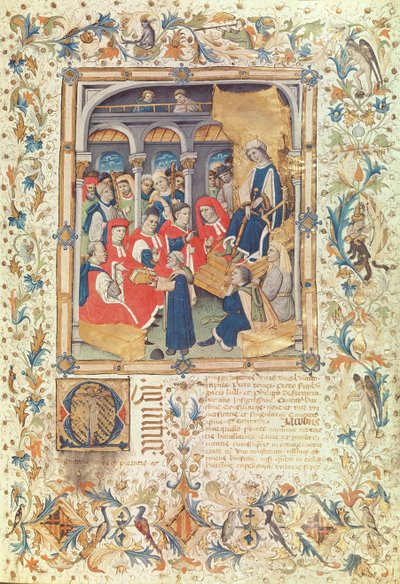 Författaren presenterar sin bok för rådsmedlemmarna i Barcelona i närvaro av drottning Maria, fru till Alfonso V av Bernardo Martorell