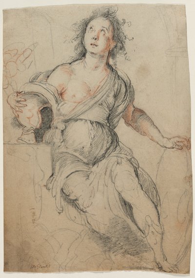 Allegorisk figur, ca 1635 (svart krita med röd krita ) av Bernardo Strozzi