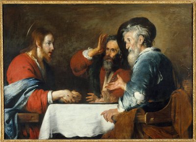 Kristus har Emmaus Kristus visar sig för pilgrimerna som sitter vid ett bord på ett värdshus i Emmaus. Målning av Bernardo Strozzi (1581-1644) 1640 sön. 1,24x1,72 m Grenoble, Musee des Beaux Arts av Bernardo Strozzi