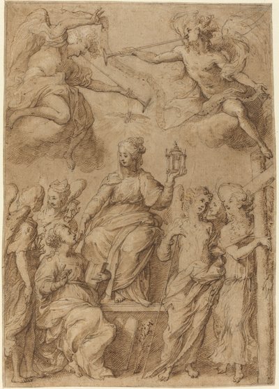 Ecclesia omgiven av änglar som håller i passionens instrument av Bernardo Strozzi