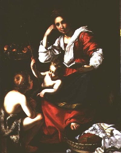 Madonna och barn med spädbarnet Johannes Döparen av Bernardo Strozzi