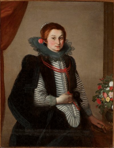 Porträtt av ung dam med korallhalsband (olja på duk) av Bernardo Strozzi