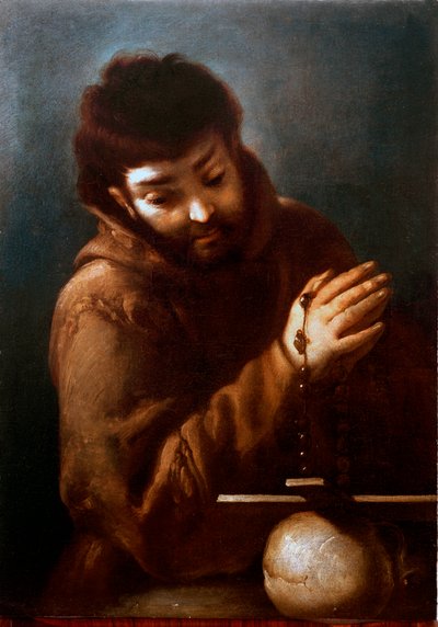 Representation av Saint Francois av Assisi som dyrkar krucifixet Målning av Bernardo Strozzi (1581-1644) 1600-talet Privat samling av Bernardo Strozzi