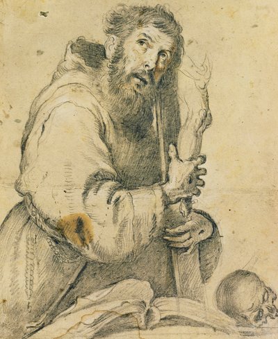 Saint Francis som håller ett krucifix i famnen; Saint Francis håller ett kors i famnen, av Bernardo Strozzi