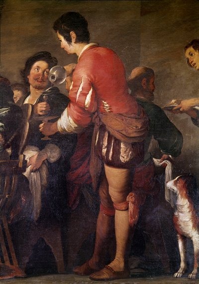 Måltiden i fariséen Simons hus. Detalj av en tjänare som serverar en drink (olja på duk av Bernardo Strozzi